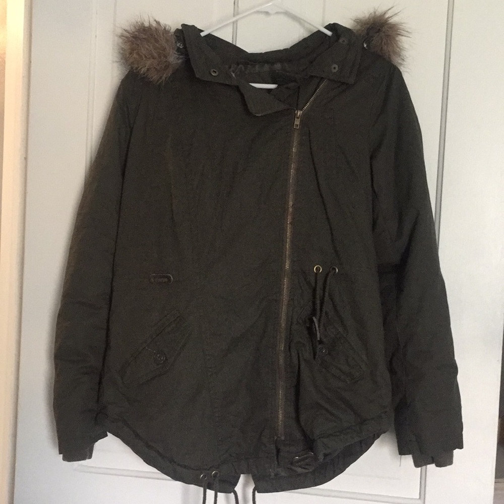Olive green coat with fur hood